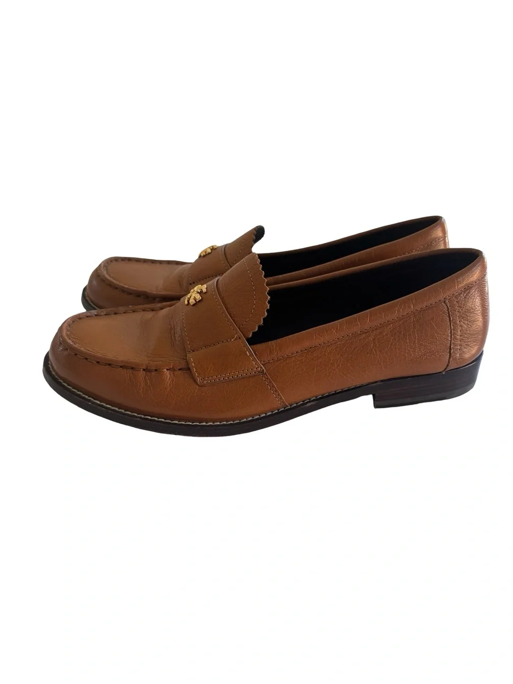 Tory Burch Women’s Classic Leather Penny Loafers Gold Logo Sz 7